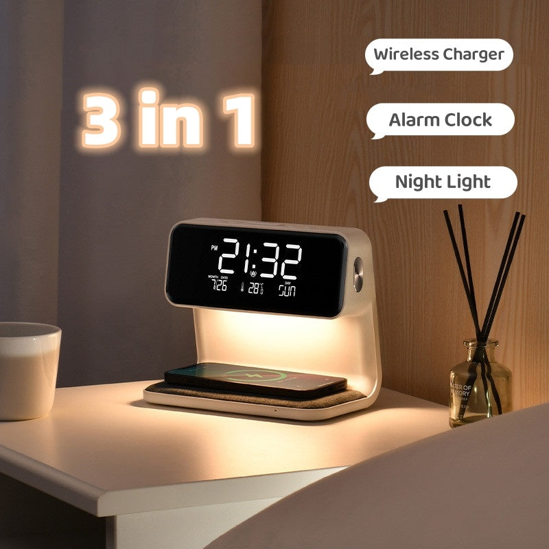 3-in-1 Bedside Lamp with LCD Screen, Alarm Clock, and built-in Wireless phone Charger