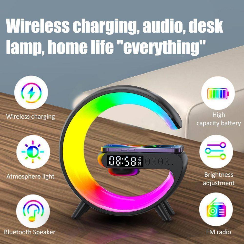 Smart G Shape Alarm Clock Night with Bluetooth Speaker and Wireless Charger